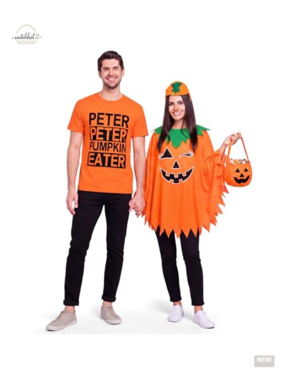 Halloween Pumpkin Couples Costume Kit - Poncho, Tee, Bag & Headband